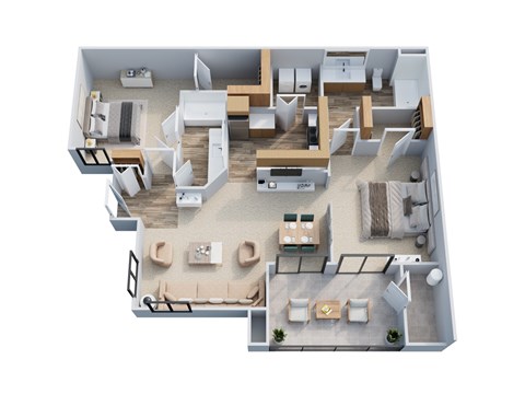A top-down view of a house layout with a kitchen, living room, and bedrooms.